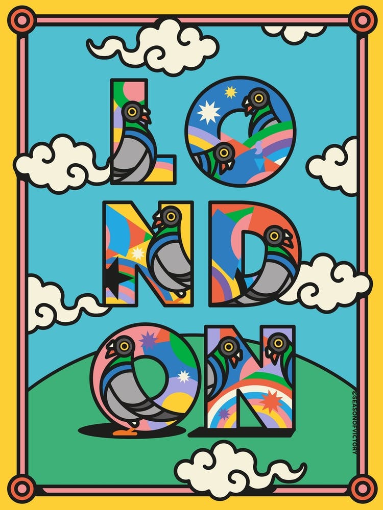 London Pigeons In The City Type Lettering Rainbows And Stars
