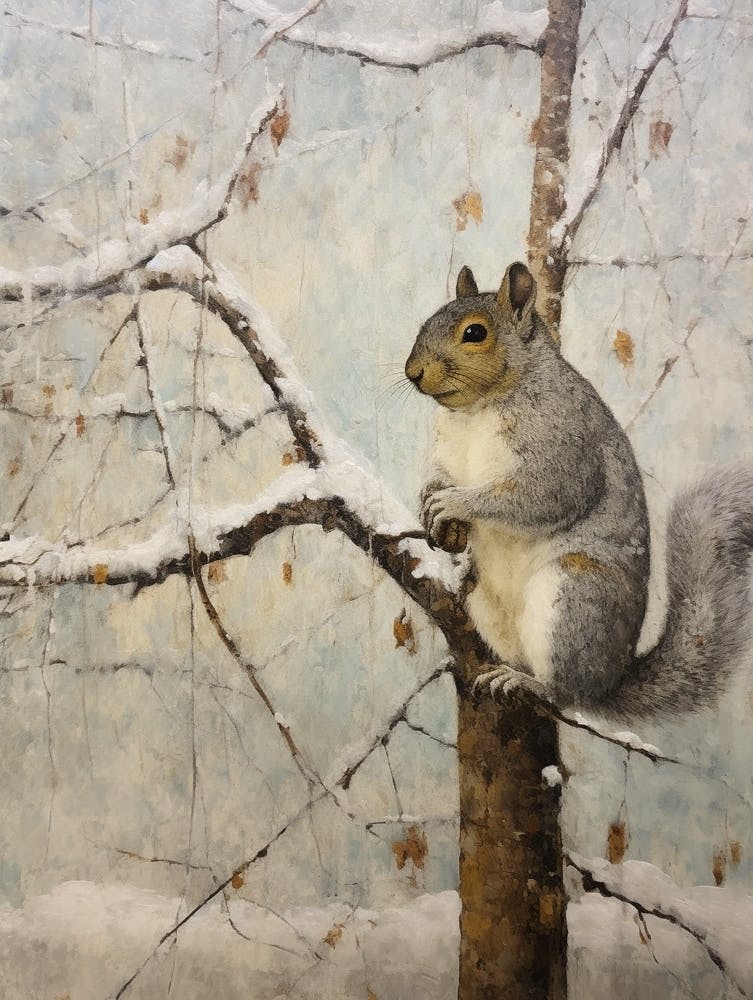 Vintage Winter Animal Painting Gray Squirrel 2