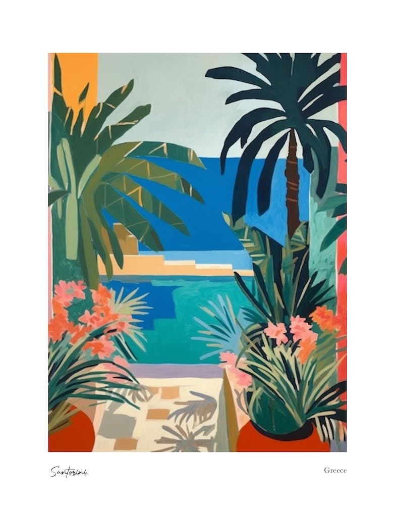 Santorini Greece Matisse Style 2 Watercolour Travel Poster