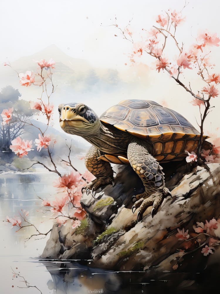 Turtle, Japanese Brush Painting, Ukiyo E, Minimal 3