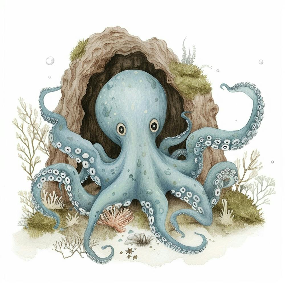 Storybook Style Octopus Relaxing In An Underwater Cave 3