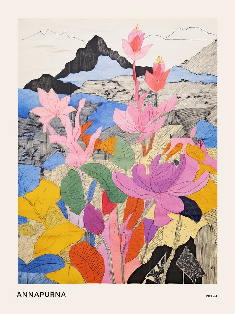 Annapurna Nepal 3 Colourful Mountain Illustration Poster