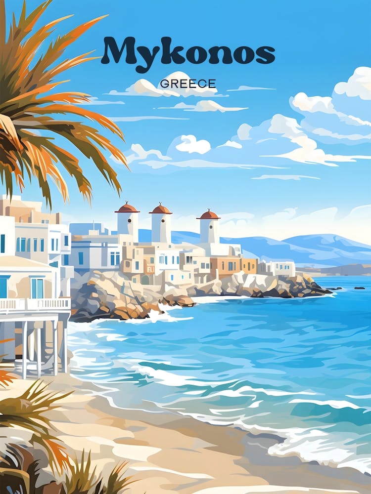 Mykonos Greece Beach Modern Travel Illustration