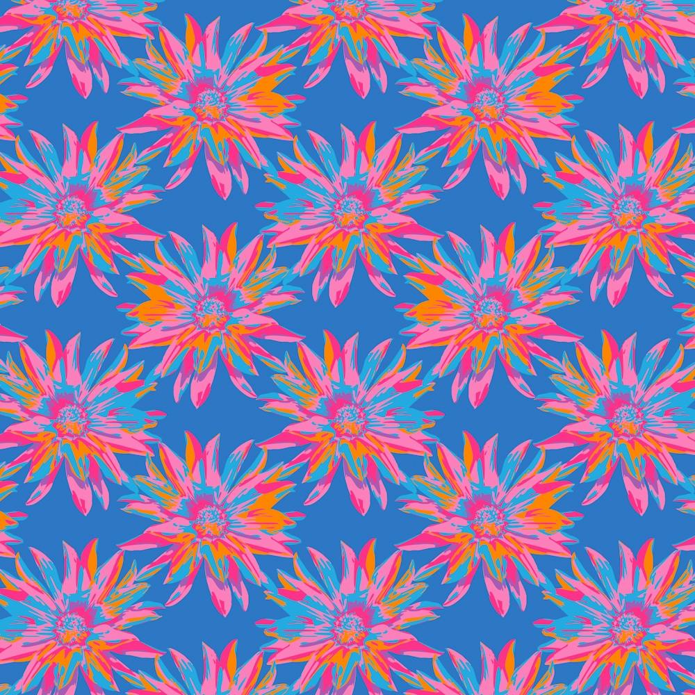 DAHLIA BURSTS Multi Abstract Blooming Floral Summer Bright Flowers in Fuchsia Pink Purple Blue Orange on Royal Blue