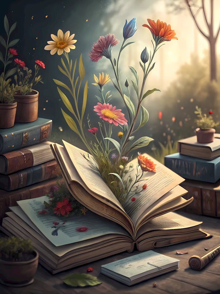 Surreal Wildflowers Growing Out of Books Oil Painting Style