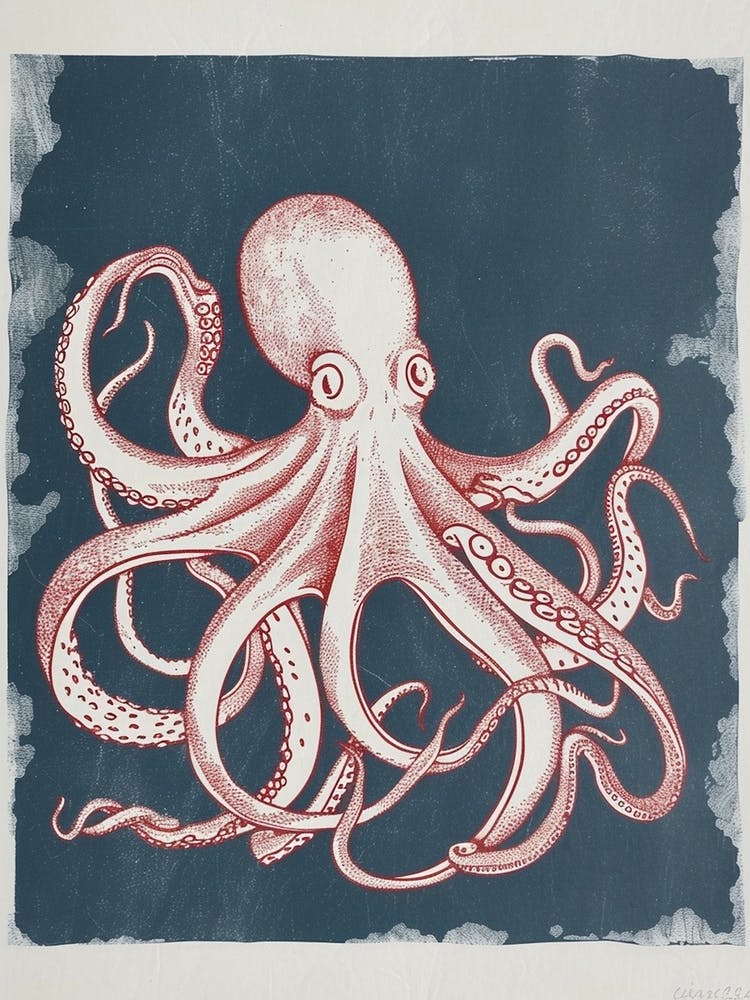 Red Octopus In The Ocean Linocut Inspired  2
