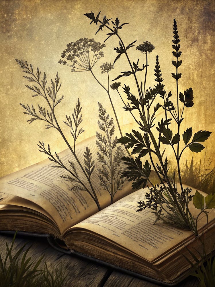 Oil Painting Style Silhouetted Herbs Over A Vintage
