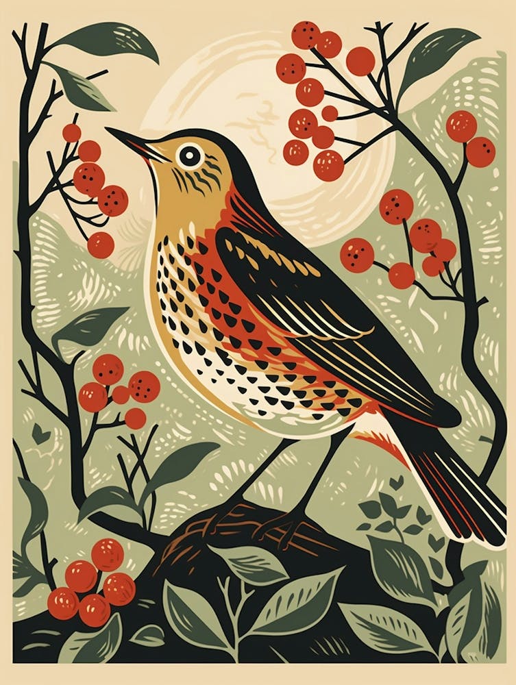 Vintage Bird Linocut Hermit Thrush 2