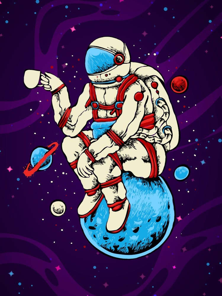 Astronaut, coffee, Moon — space poster, synthwave space, neon space, aesthetic poster