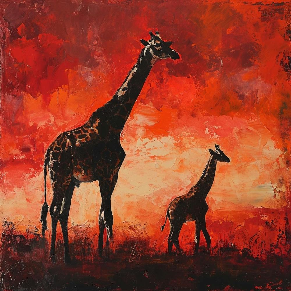 Giraffe & Calf In The Sunset Red Brushstrokes 2
