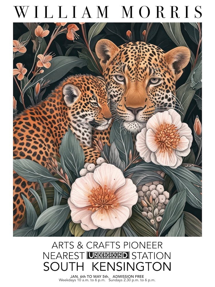 William Morris Print Leopard And Cub Portrait Valentines Mothers Day Gift Flowers