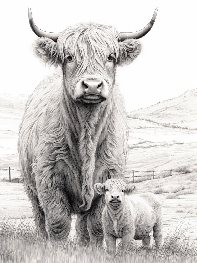 Schwarz-Weiß-Illustration Hochlandrind mit Kalb 3
