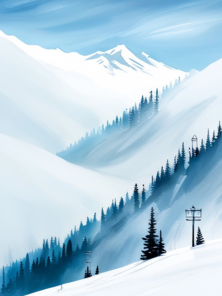 Diagonal Pistes Mountain Valley Ice Cold Morning Brisk Blue Sky
