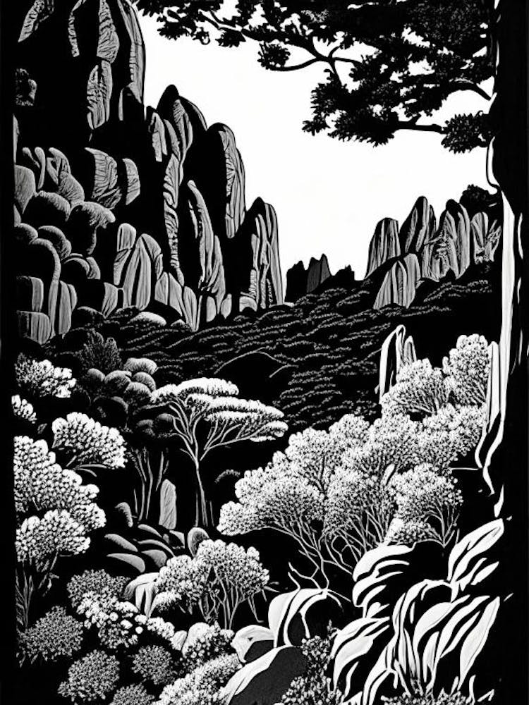 Garden Of The Gods, Usa Linocut Black And White Vintage