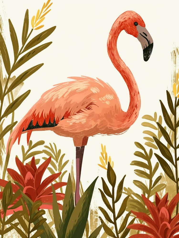 Jamess Flamingo And Bromeliads Minimalist Illustration 3