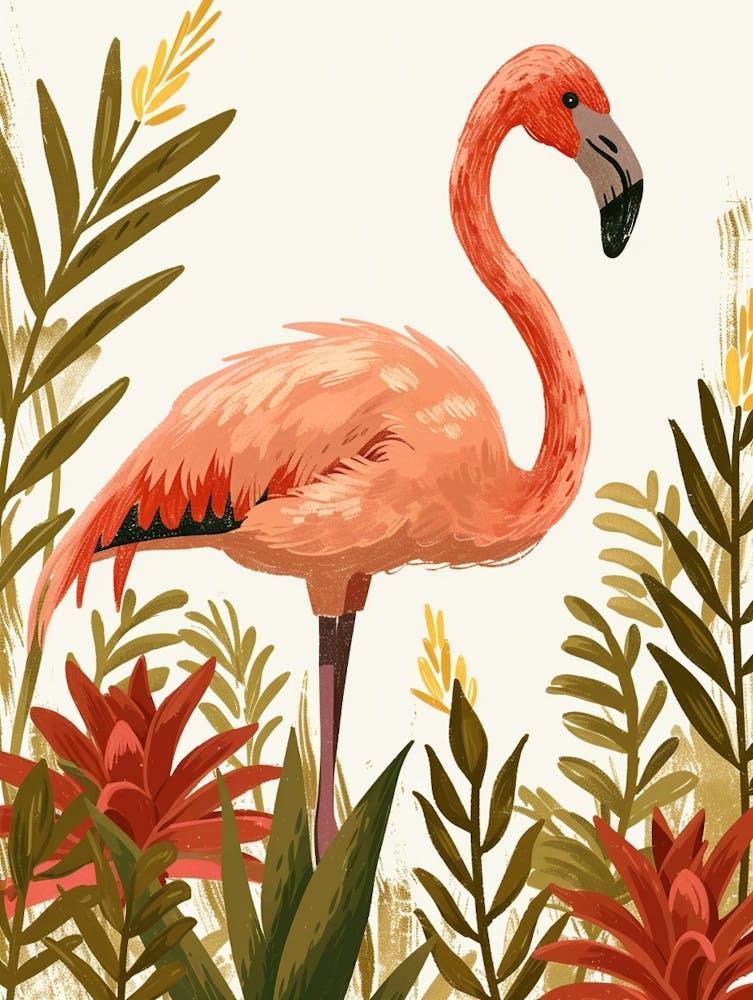 Jamess Flamingo And Bromeliads Minimalist Illustration 3