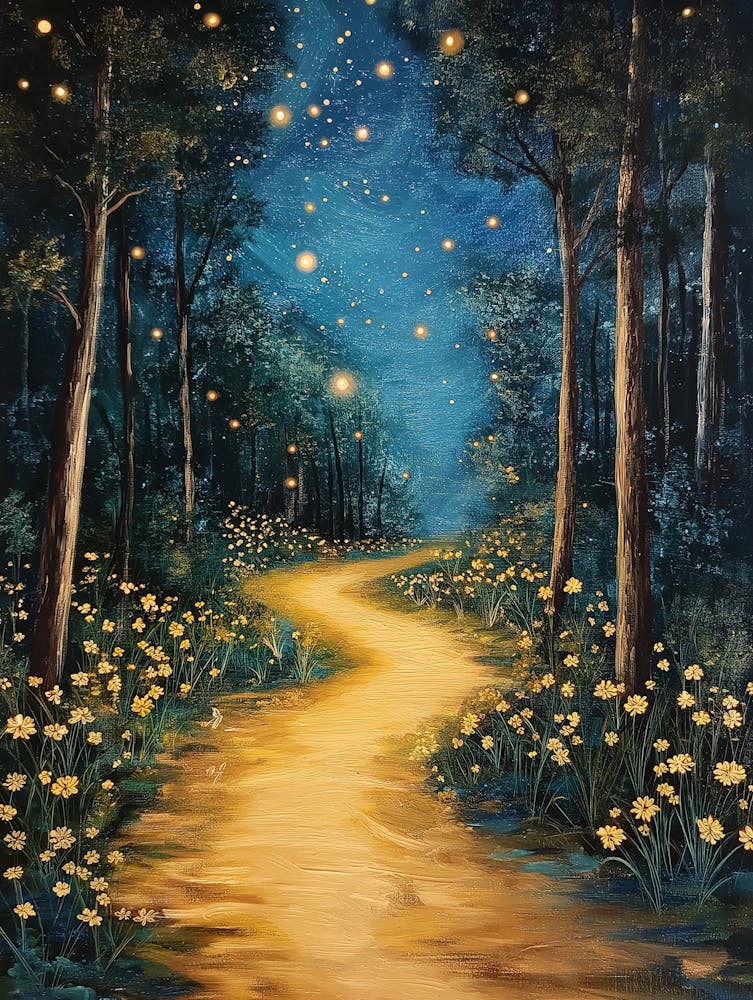 A Starry Night Forest Path Illuminated By Fireflies, With Yellow Flowers And Tall Trees