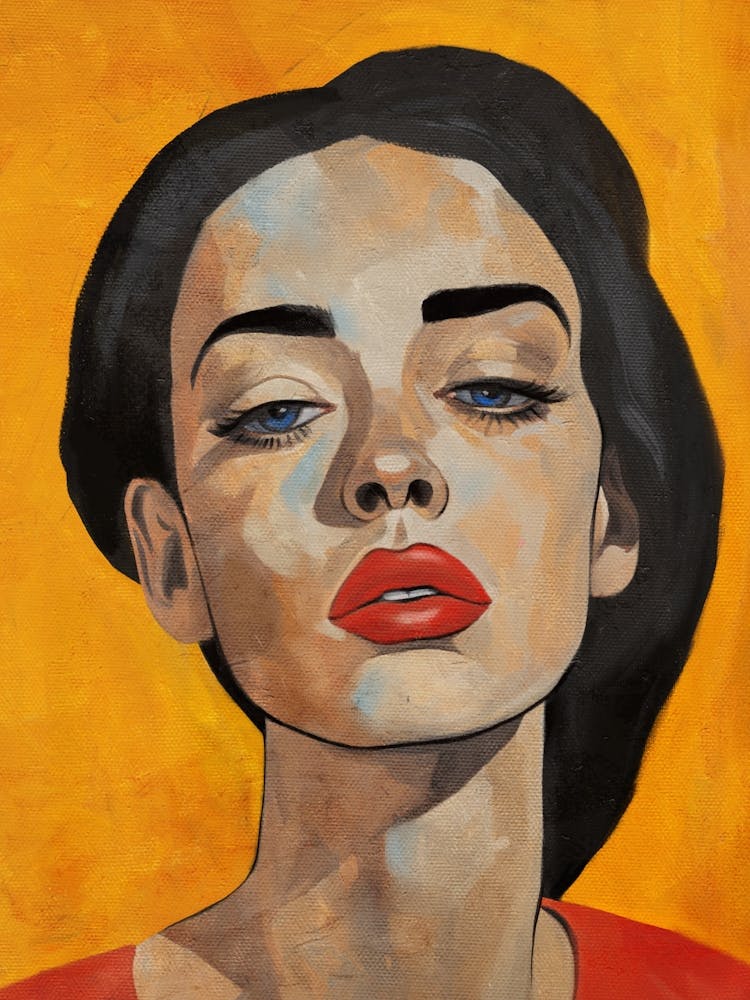 Woman's Portrait with Red Lips on a Yellow Background.