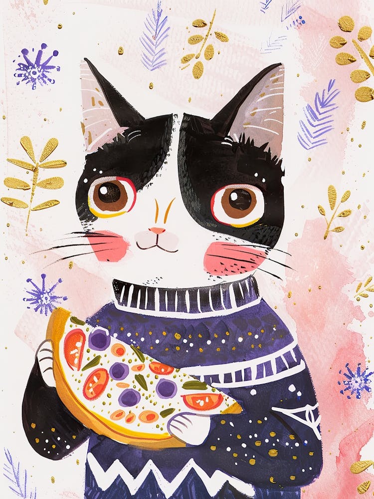 Happy Black And White Cat Eating Pizza Folk Illustration 4