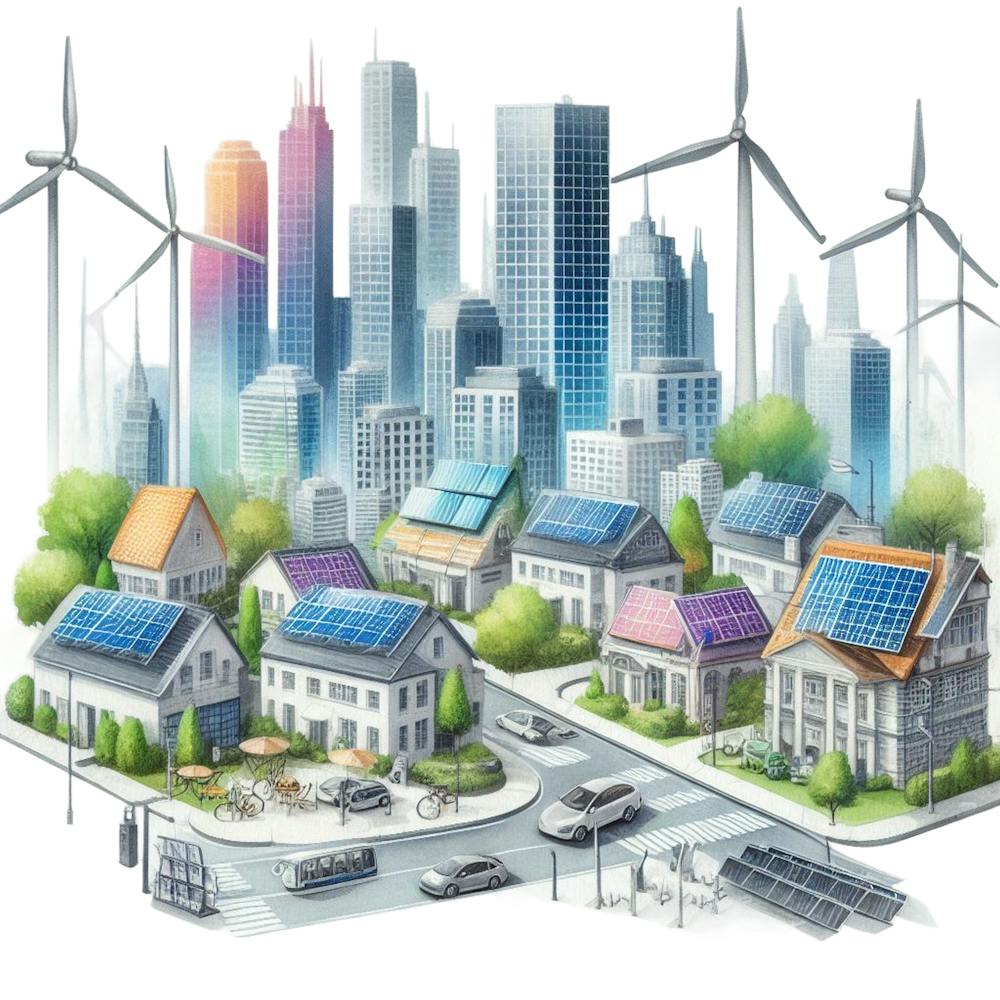 Illustration Of Wind Turbines And Solar Panels