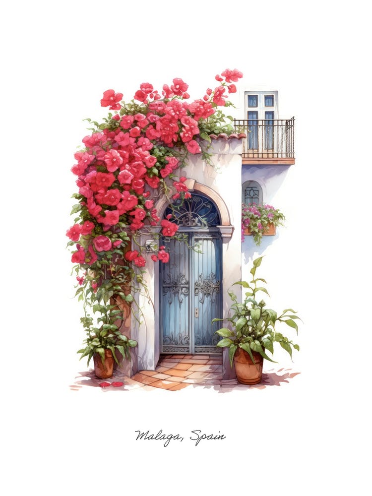 Malaga, Spain   Mediterranean Doors Watercolour Painting 2 Poster
