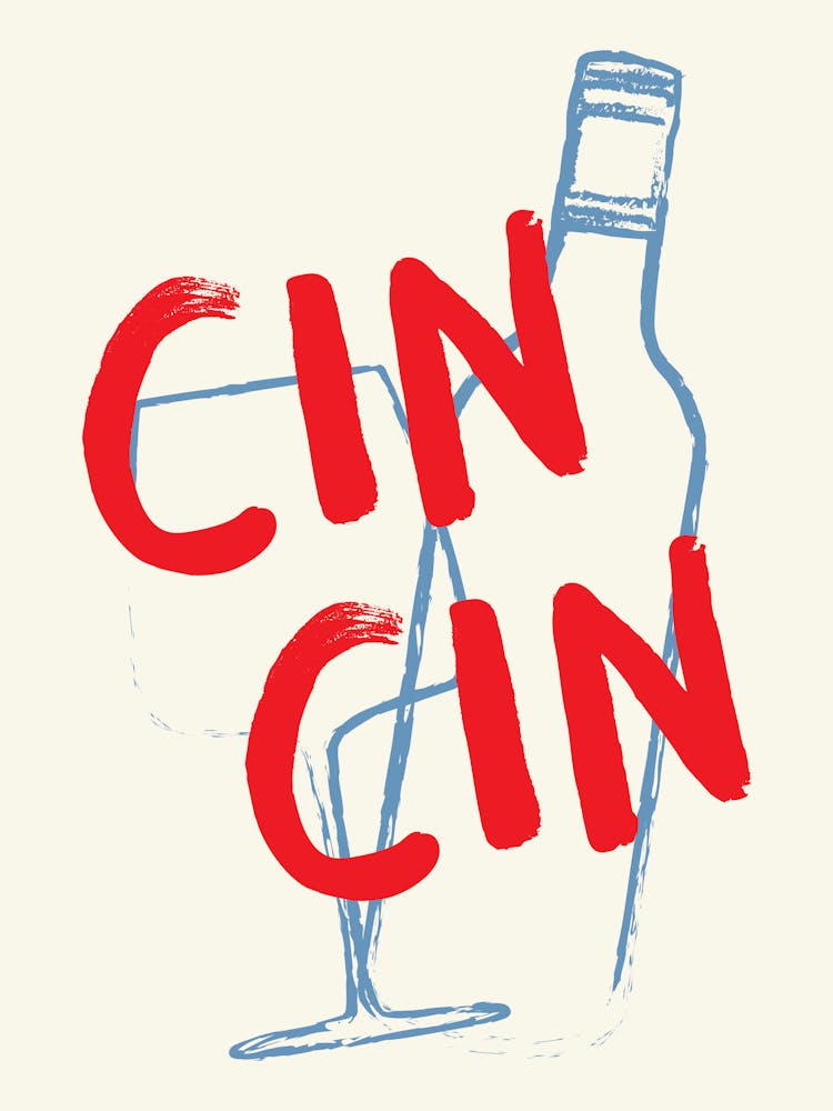 Red and Blue Cin Cin Hand Drawn Illustrated Kitchen Bar Cart Art