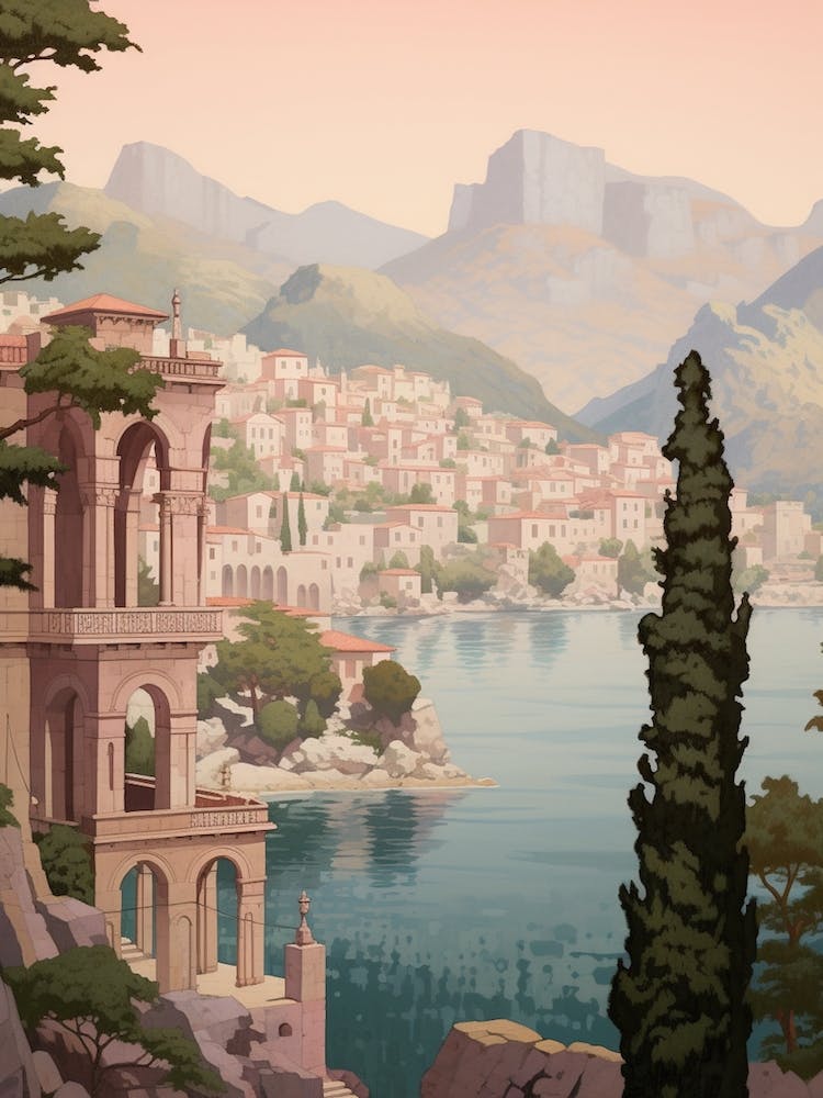 Kotor Montenegro 4 Vintage Pink Travel Illustration
