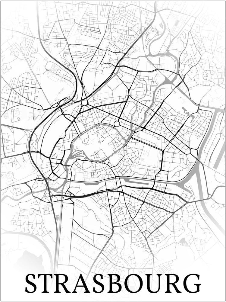 Strasbourg, Bas Rhin, France, City Map, Black And White Fade Design