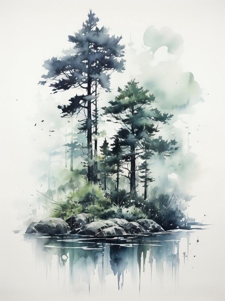 Island With Trees Watercolor, Japanese Brush Painting, Ukiyo E, Minimal 1