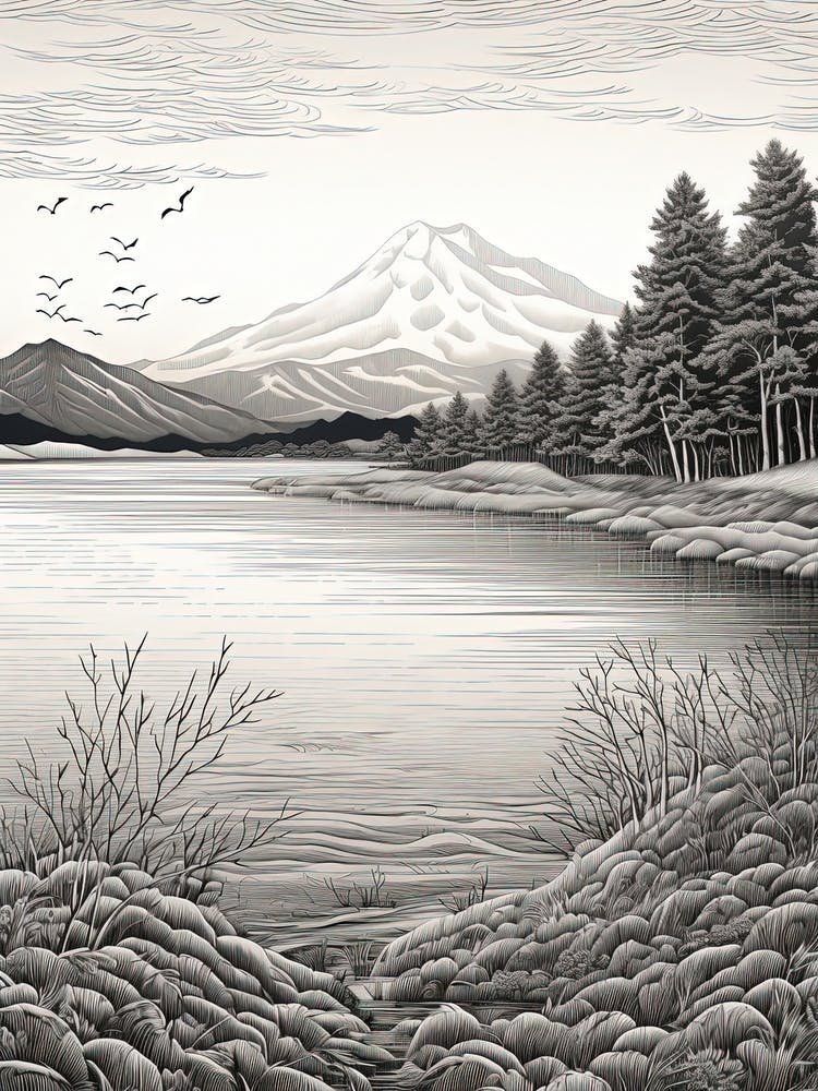 Lake Toya In Hokkaido, Ukiyo E Black And White Line Art Drawing 2