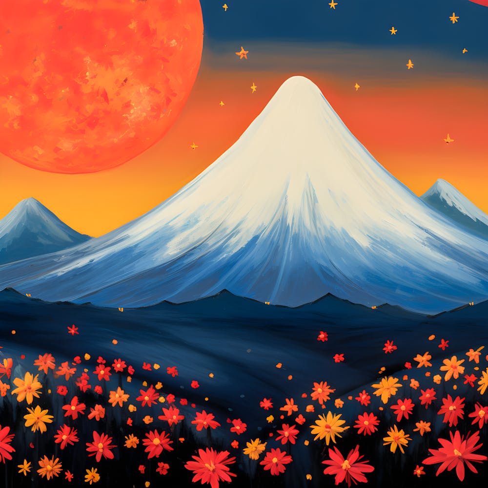 Mount Fuji Sunset Japanese Landscape Painting With Red Flowers And Starry Sky Mystical Mountain Wall Decor