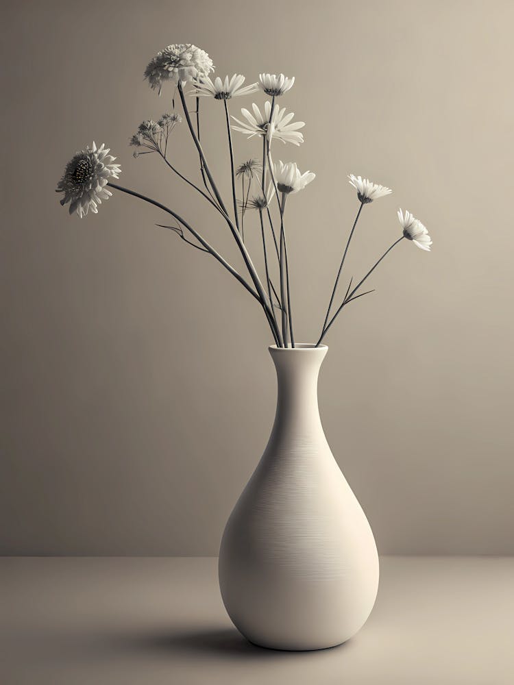 Minimalist Daisy Vase Monochrome Floral Still Life