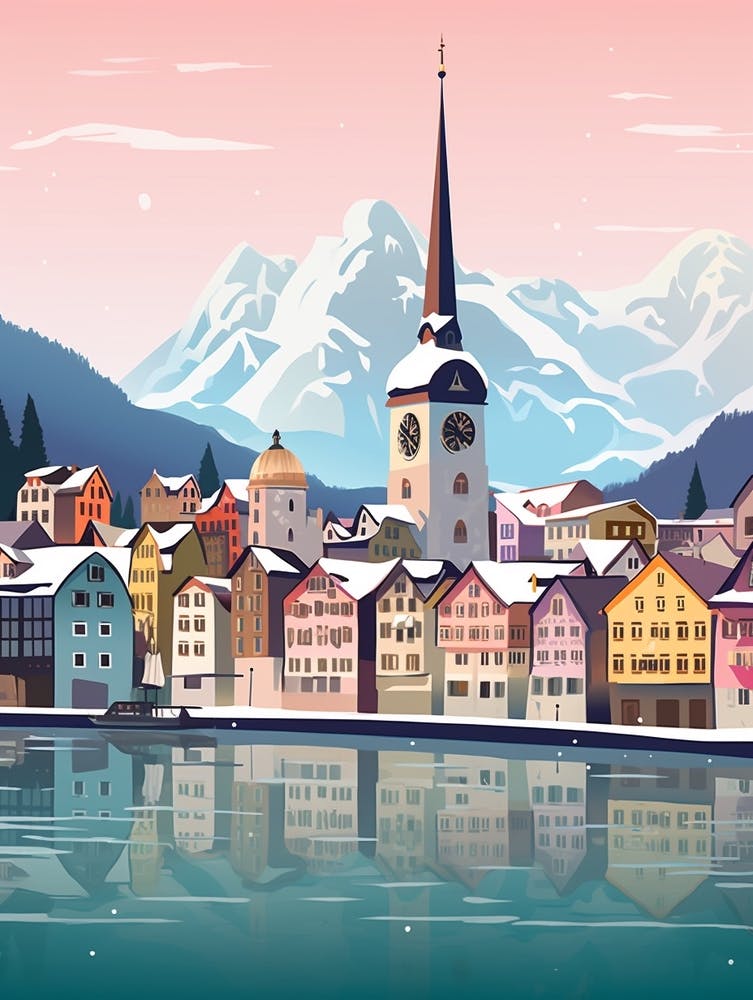 Illustration de Voyage Hivernal Vintage Lucerne Suisse 1