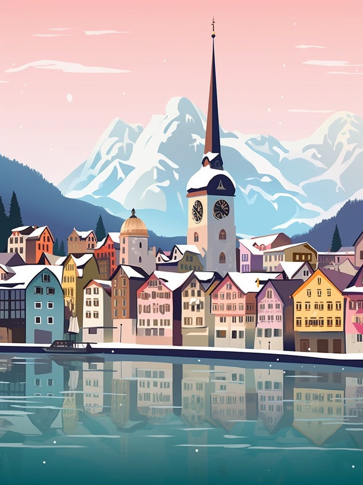 Vintage Winter Travel Illustration Lucerne Switzerland 1