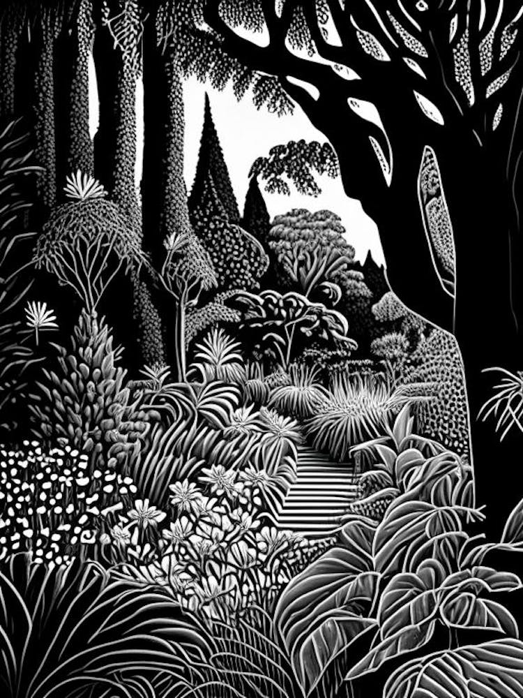 Christchurch Botanic Gardens, 1, New Zealand Linocut Black And White Vintage
