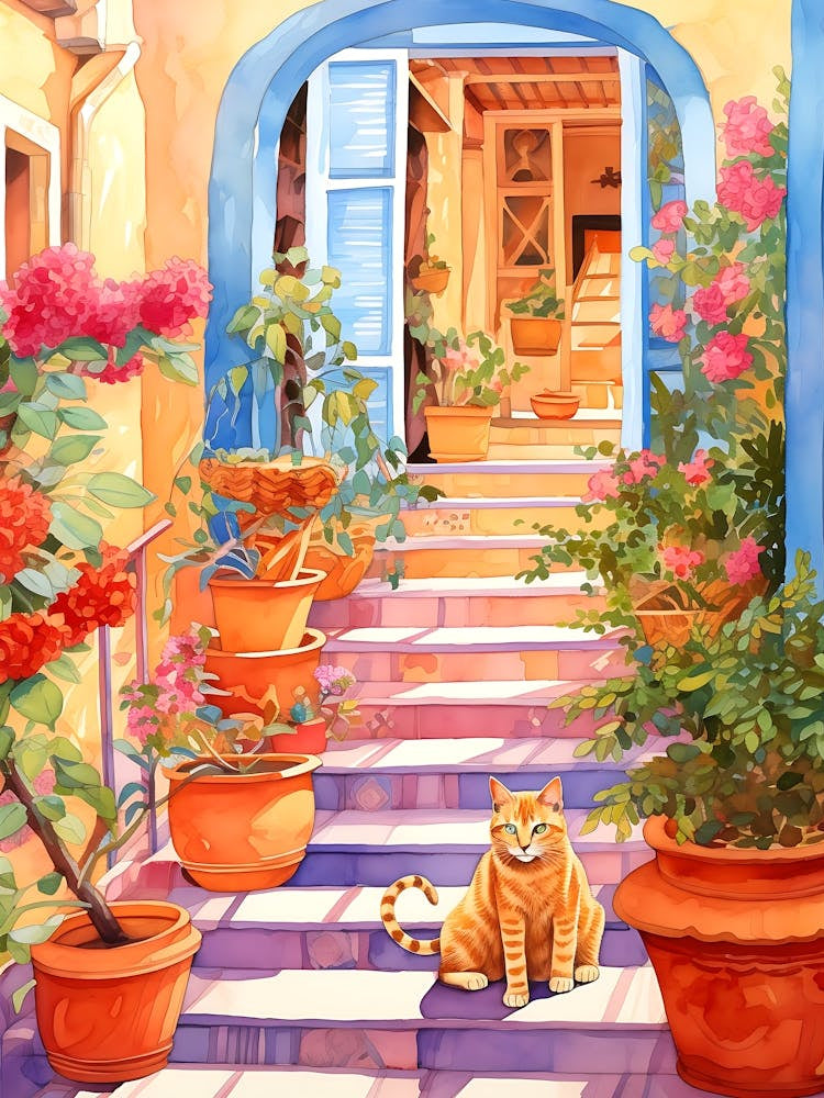 Cat On The Steps Mediterranean