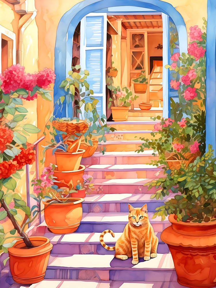 Cat On The Steps Mediterranean