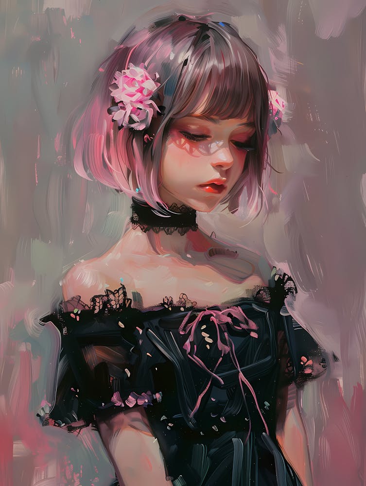 Anime Girl In Black Dress - Eye Closed