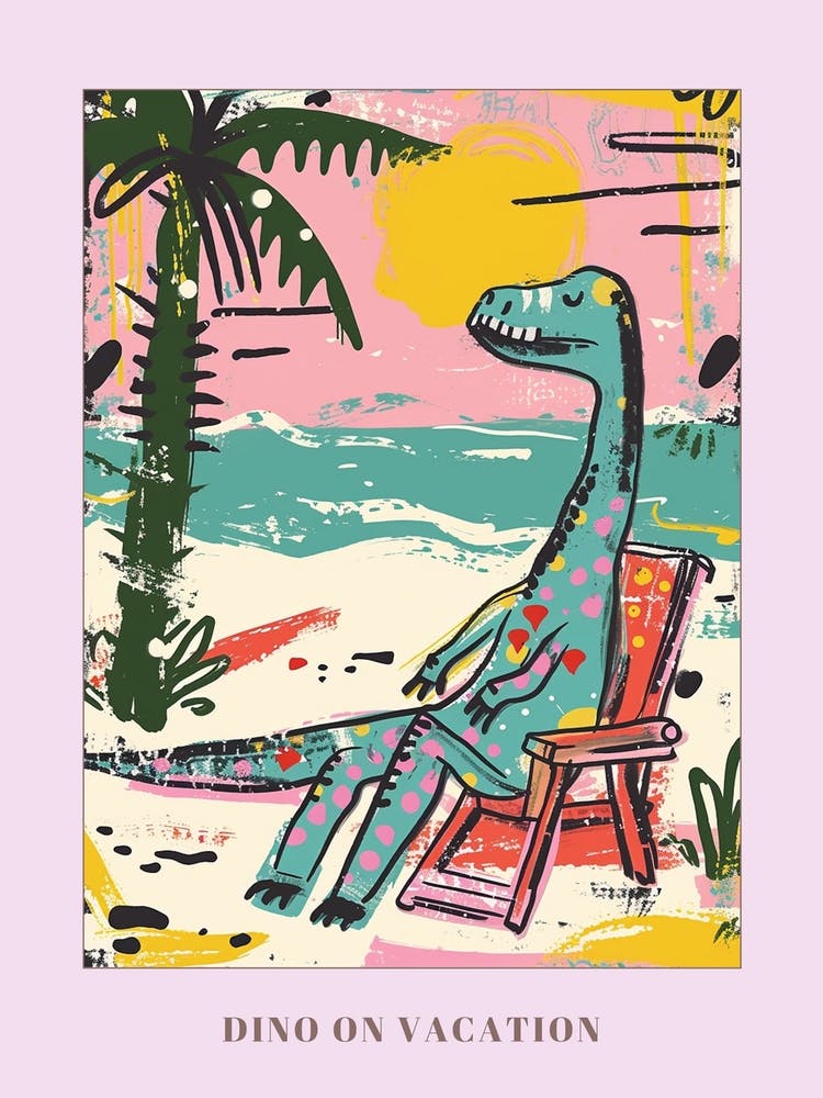 Dinosaurier Entspannt Am Strand Rosa Blau Pastell Poster