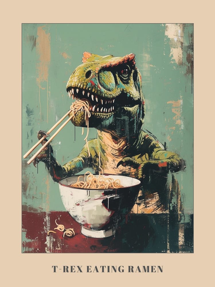 T Rex Eating Ramen Pastel Teal Poster