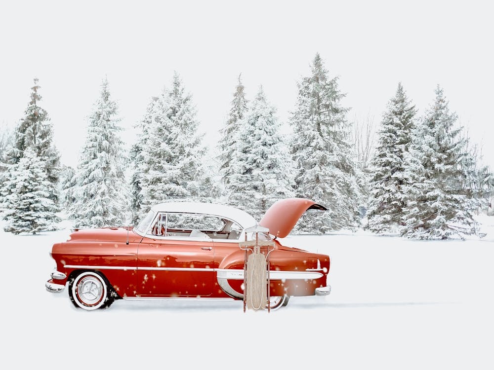 Retro Car In The Snow, Christmas Wall Art
