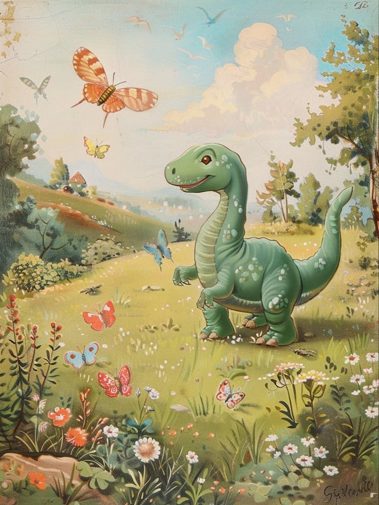 Dinosaur Catching Butterflies Storybook Painting 1