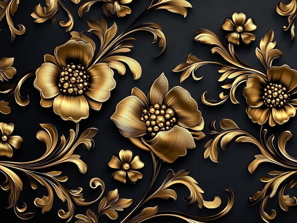 Golden Luxury Floral Damask with Flowers Golden and Black Elegant Leather