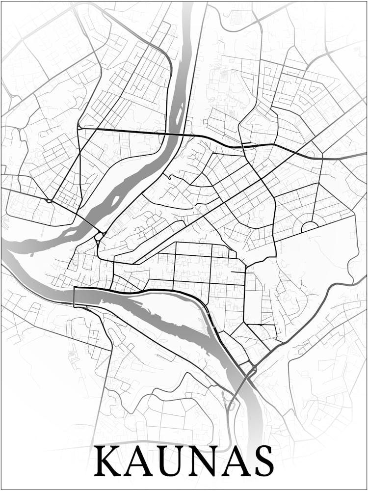 Kaunas, Lithuania, City Map, Black And White Fade Design
