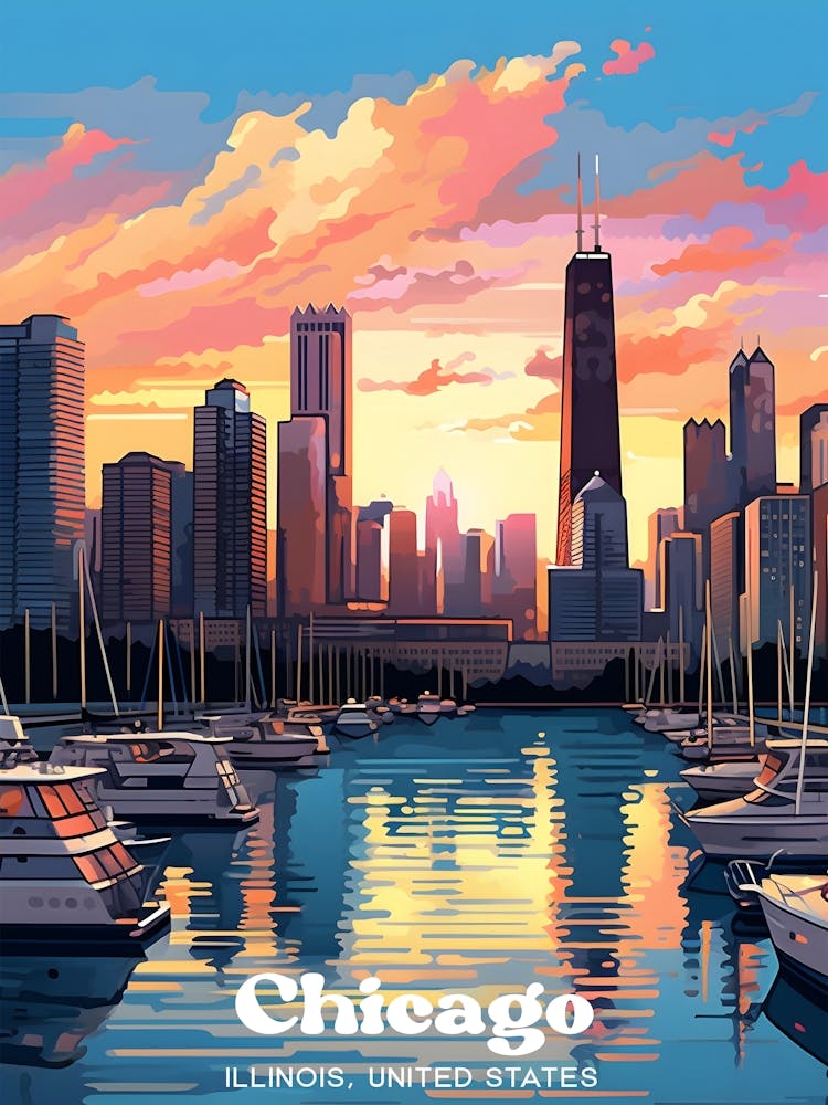 Chicago Illinois United States Sunset Travel Art Illustration