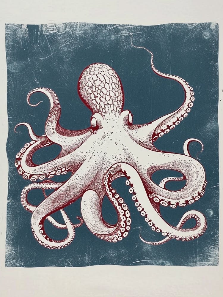 Octopus Deep In The Ocean Linocut Inspired 2