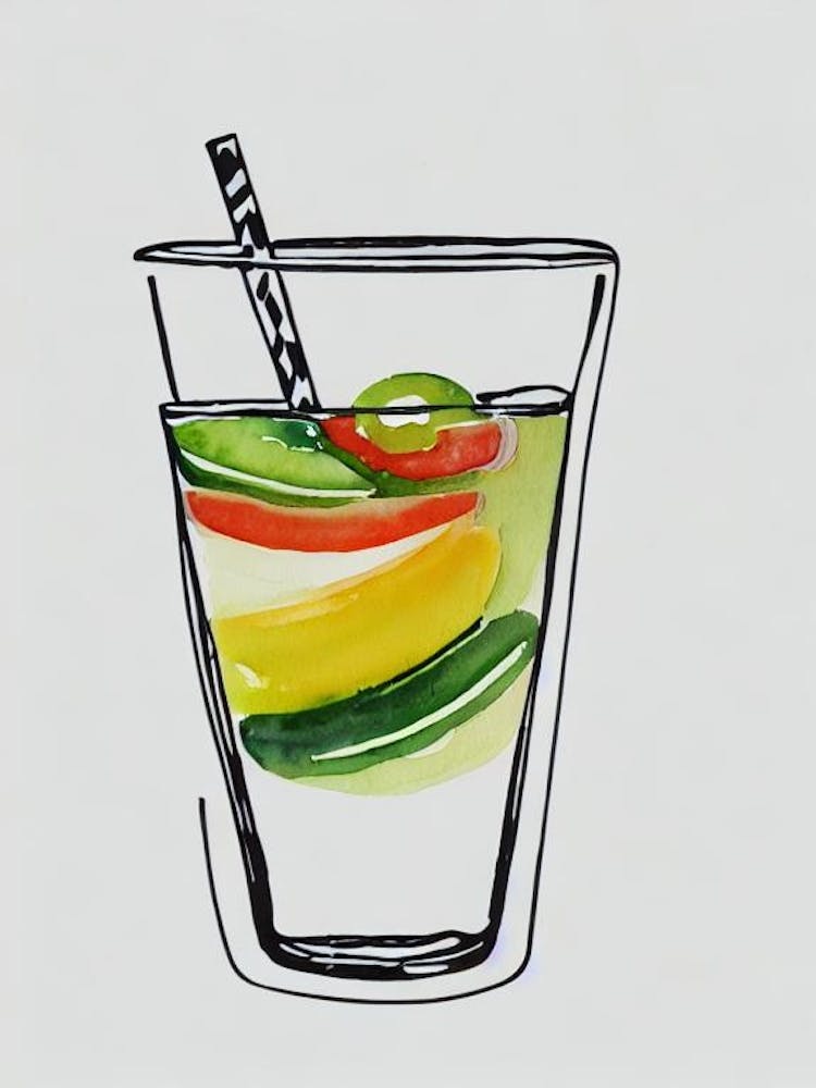 Pina Colada Minimal Line Drawing With Watercolour Cocktail Poster
