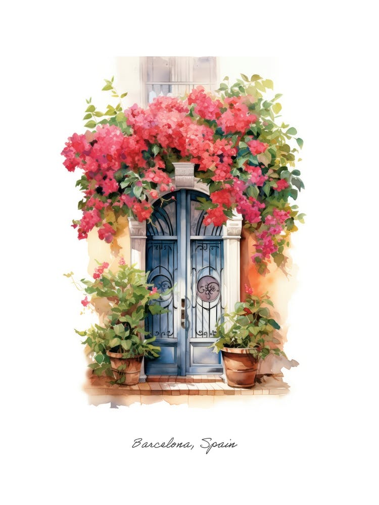 Barcelona, Spain   Mediterranean Doors Watercolour Painting 2 Poster
