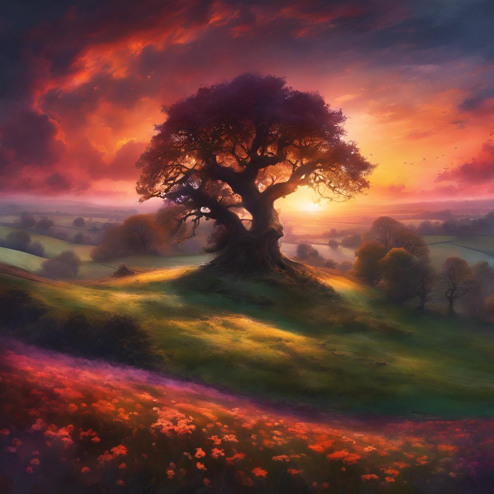 English Country Landscape, Setting Sun on the Old Oak