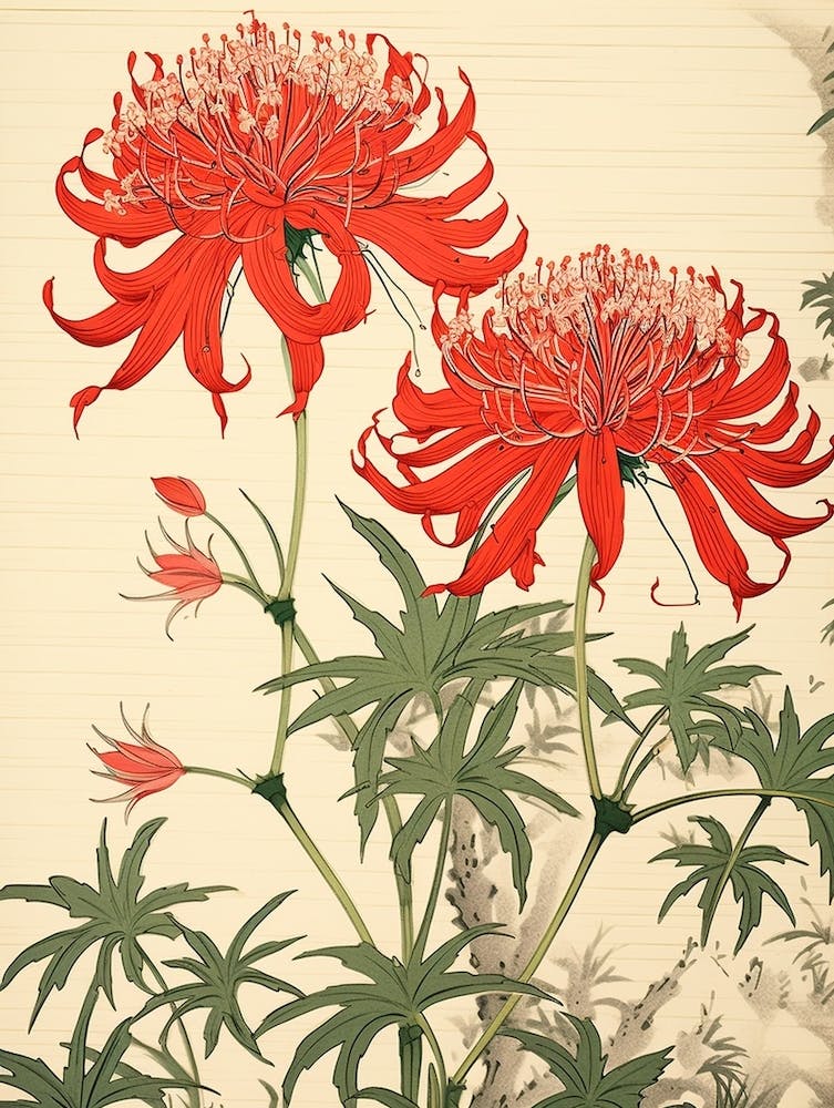 Higanbana Red Spider Lily Vintage Japanese Botanical